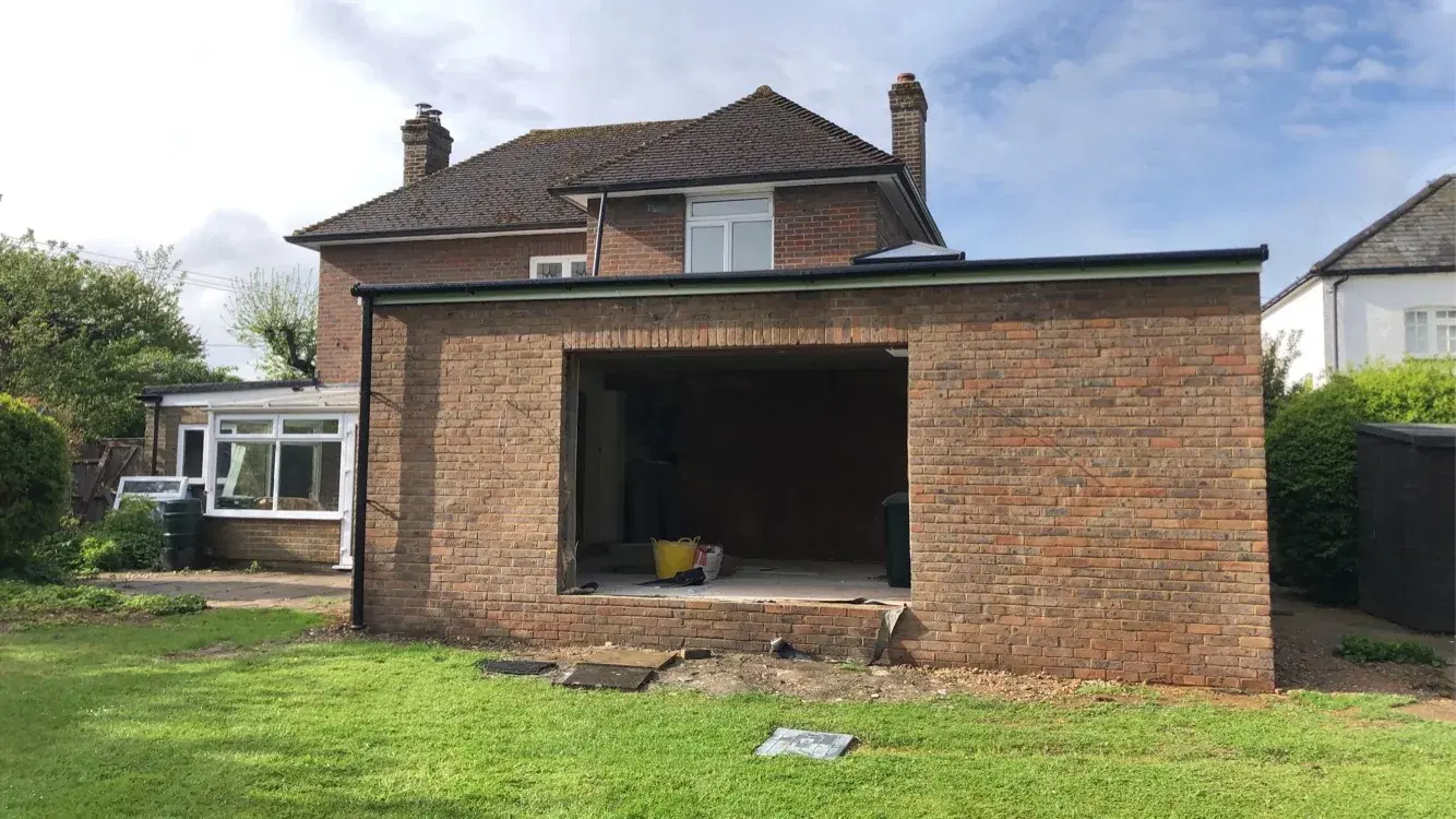 A brick extension with the structural opening prepared, before the bi-folding doors were fitted.
